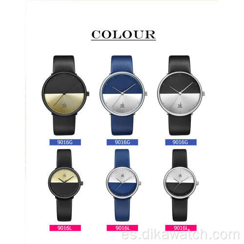 Relojes de pareja de moda de marca superior SK para hombres y mujeres, reloj de cuarzo de lujo minimalista con correa de cuero, reloj de pulsera informal para pareja